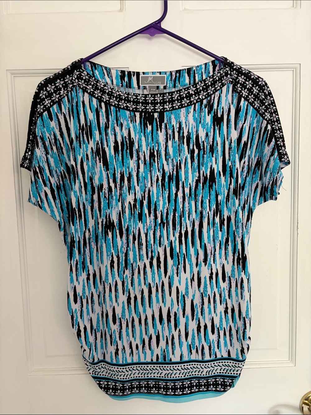 JM Collection Turquoise, Black & White Short Sleeve Patterned Top